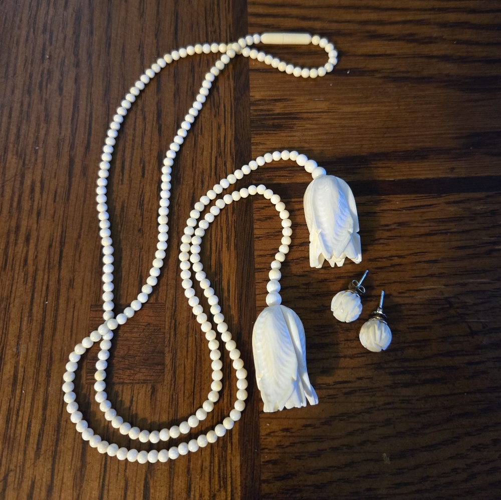 Antique Water Buffalo Bone Pendant & Pierced Earrings.